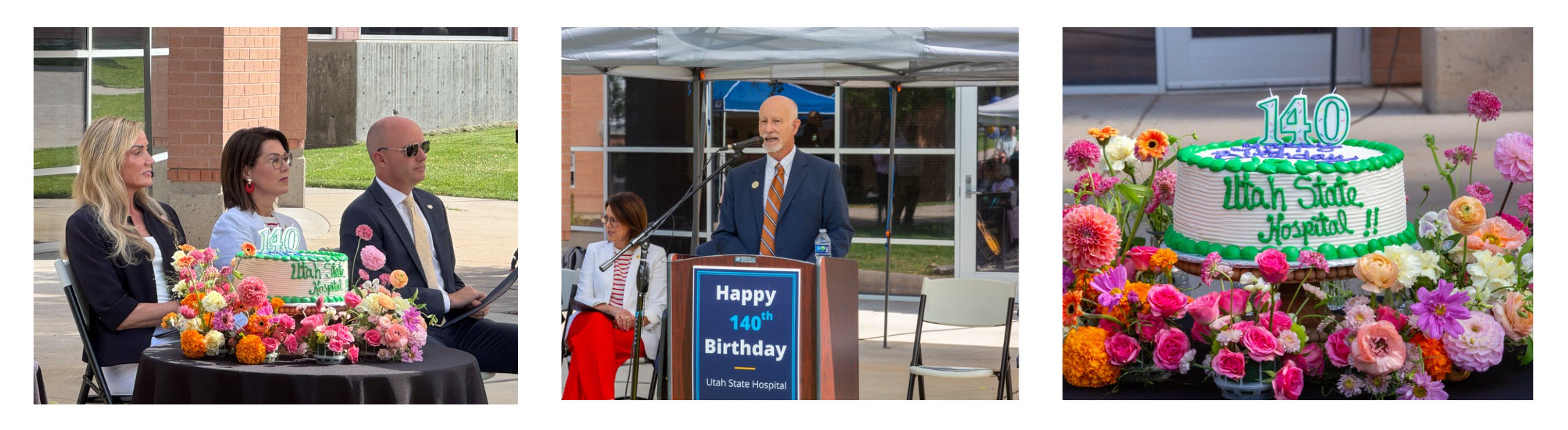 pictures taken at hospital 140th birthday party. Left - Michelle Kafusi, Diedre Henderson, Spencer Cox. Middle - Dallas Earnshaw. Right - Birthday Cake